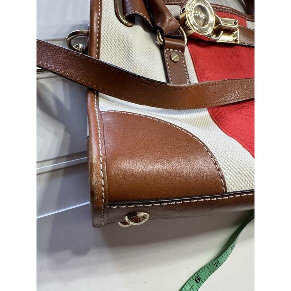 Michael Kors Hamilton Mono Red Stripe Canvas Leather Tote Large Lock Chain - Picture 9 of 10